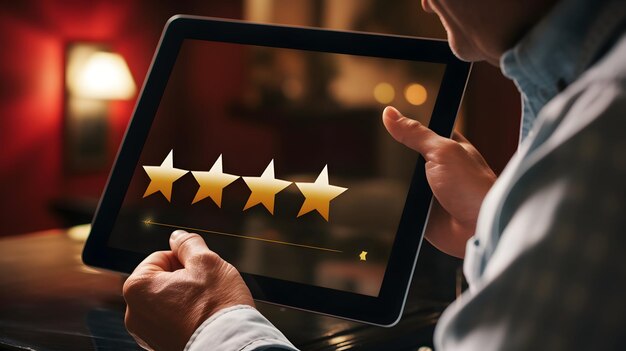 A digital tablet displaying customer reviews and ratings