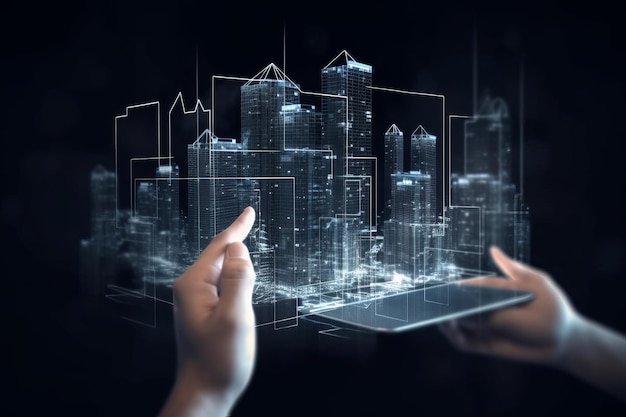 Digital tablet and a hologram of modern buildings Illustration AI GenerativexA