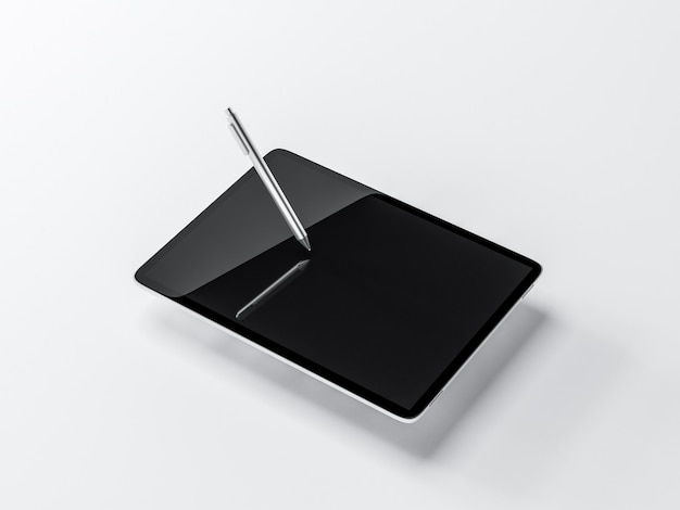 Digital Tablet Mockup with pen stylus flying above the white table 3d rendering