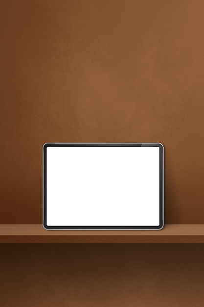 Цифровой планшетный компьютер на коричневой настенной полке Вертикальный фоновый баннер