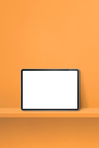 Digital tablet pc on orange wall shelf. Vertical background banner. 3D Illustration