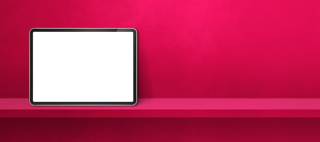 Digital tablet pc on pink wall shelf. Horizontal background banner. 3D Illustration