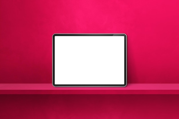 Digital tablet pc on pink wall shelf Horizontal background banner 3D Illustration