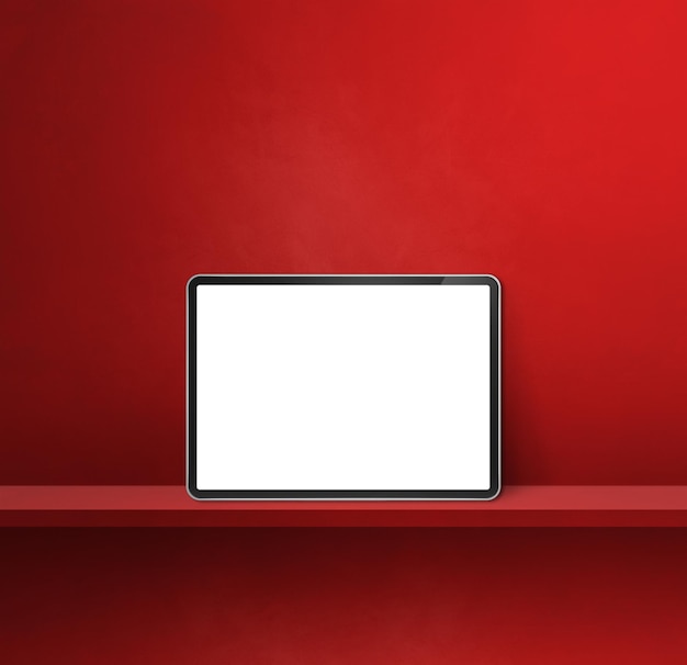 Digital tablet pc on red wall shelf Square background banner