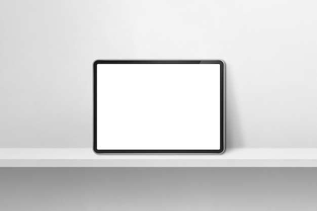 Tablet pc digitale su mensola a muro bianca. banner di sfondo orizzontale. illustrazione 3d