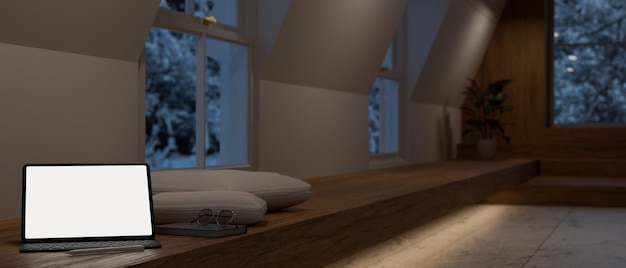 Digital tablet white screen mockup is on a long wooden window bench in modern living room