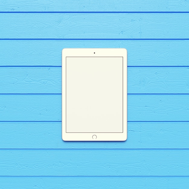 Digital Tablet with Blue Wood Background