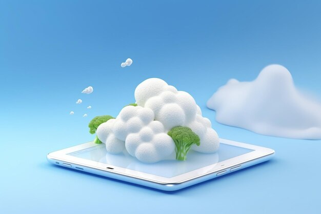 Digital tablet with broccoli and cauliflower on blue background