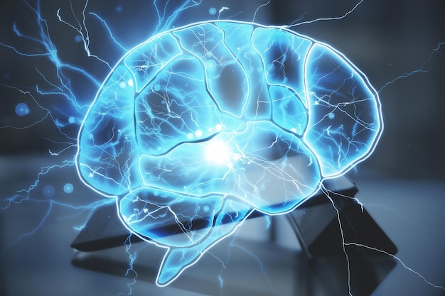 digital tablet with glowing brain hologram