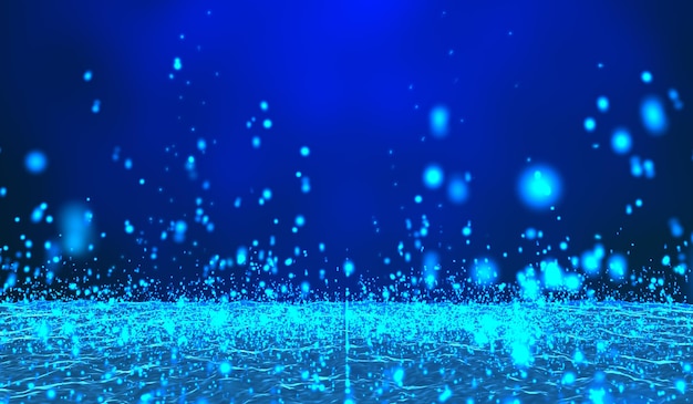 Digital technology abstract 3d blue light particles raining hits water waves on blue background