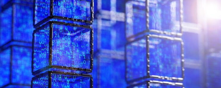 Photo digital technology background blockchain network data stream cube with binary code abstract tech background abstract space background computer code 3d rendering