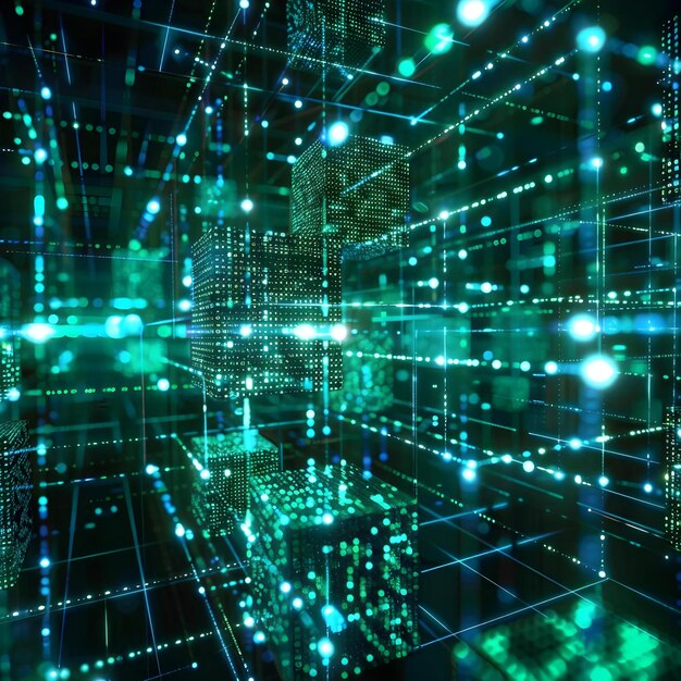 数字技术背景与二进制代码立方体代表区块链网络和数据概念区块链技术数字创新数据安全二进制码立方体