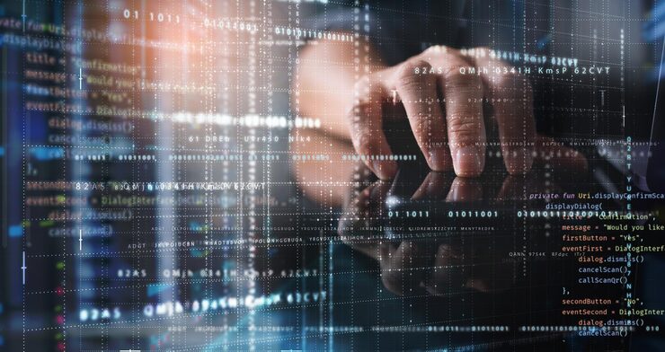 Photo digital technology big data storage digital software development cyber security concept software engineer programmer using computer with data centre javascript computer code