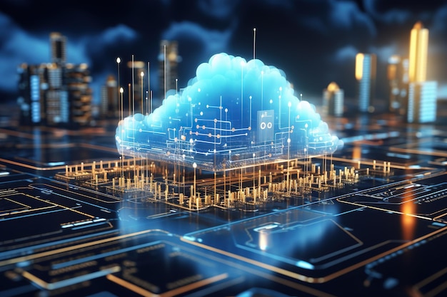 구름 아이콘과 함께 미래의 홀로그램을 특징으로하는 디지털 기술 개념