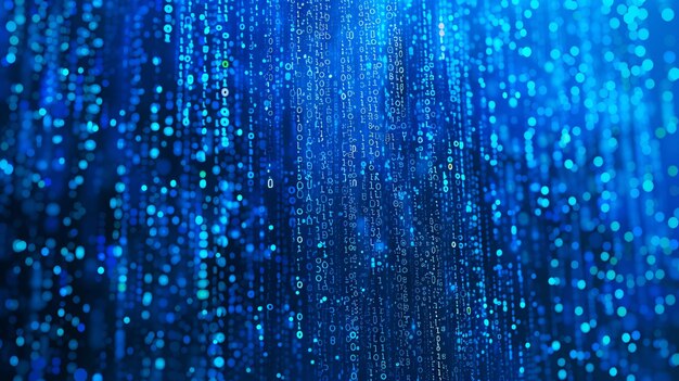 digital technology concept with a blue background displaying scattered sections of binary code and a matrix of random binary data