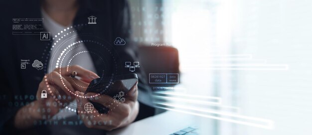 digital technology data processing and engineering cloud computing concept computer programmer working with data security ai and global internet network connection technology background