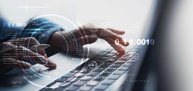 digital technology data science cloud computing concept woman using laptop computer with big data and database connection and ai artificial intelligence and computer code futuristic technology