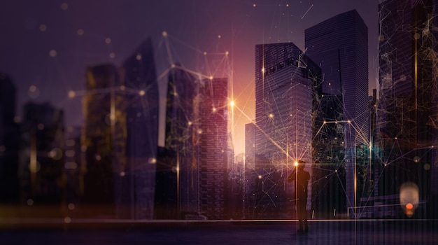 digital technology internet network connection innovation businessman mobile phone and smart city