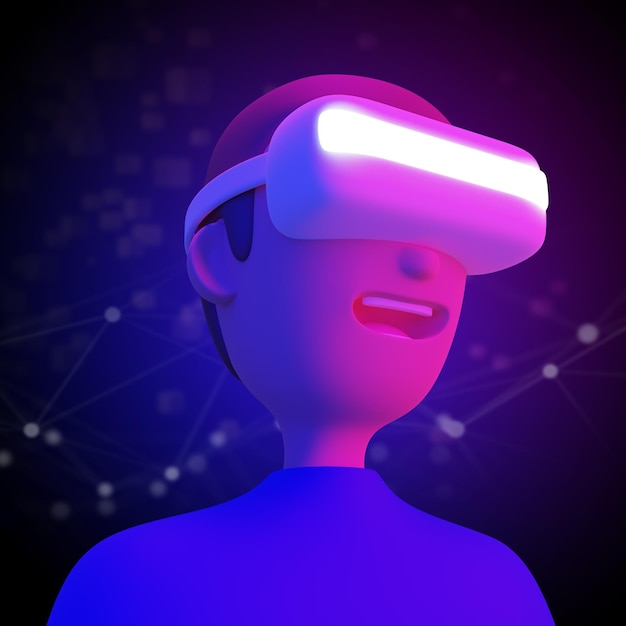 VR 가상 현실 헤드셋 3D 렌더를 착용한 사람들의 디지털 기술 메타버스 개념 설계