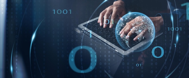 digital technology software development concept network security technology backgrounds coding programmer software engineer using on laptop with binary computer code on virtual screen