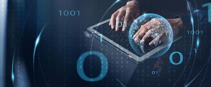 Photo digital technology software development concept network security technology backgrounds coding programmer software engineer using on laptop with binary computer code on virtual screen