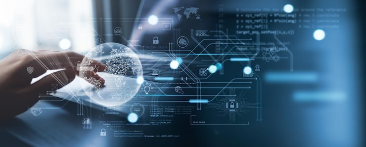 Photo digital technology software development data science computer programmer coding on laptop with global internet network and data processing cyber security system cloud computing
