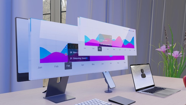 앱이 장착된 노트북 모바일 및 사용자 아이콘이 있는 Digital Transformation Interactive Workbench