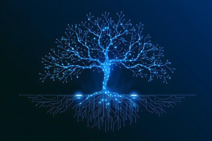 Photo digital tree of points and lines blue roots extend into darkness