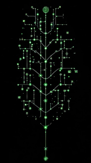 a digital tree structure with glowing green nodes and connections