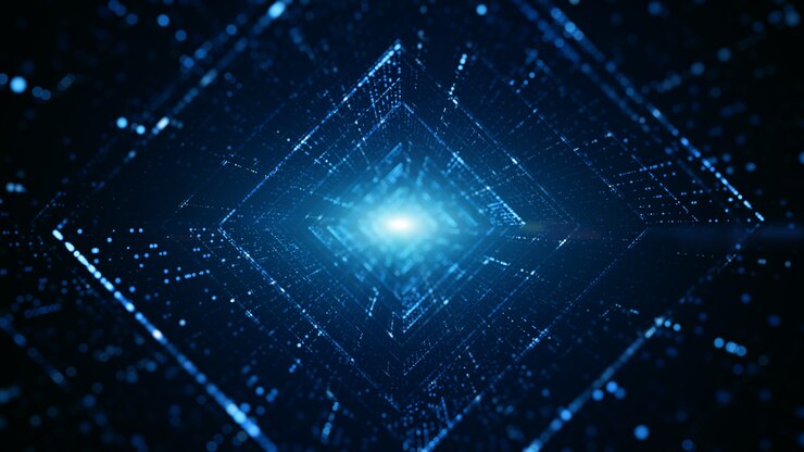 Photo 粒子と照明を備えたサイバースペースのデジタルトンネル
