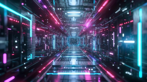 Digital virtual tunnel in cyberspace abstract database texture background Perspective of futuristic corridor dark space of data and neon lights Concept of technology future network