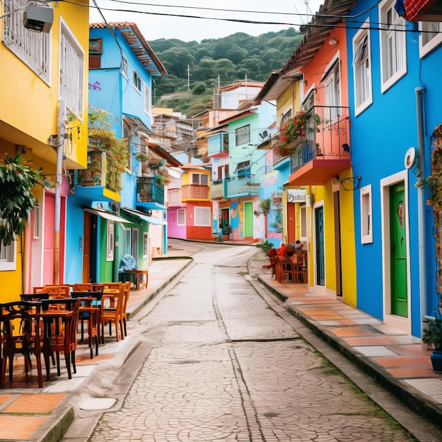 Digital Vistas Iconic Guatap Colombia Fused with a LaptopUsing Woman Showcasing the Colorful