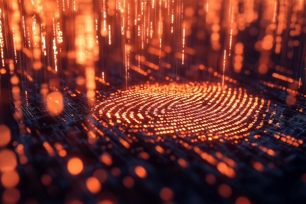 digital visualization of a fingerprint scan turning into binary code representing data encryption for security