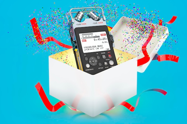 Digital voice recorder inside gift box 3D rendering