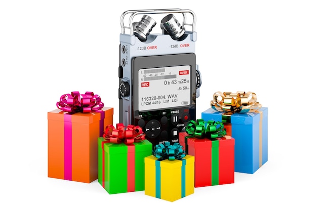 Digital voice recorder with gift boxes 3D rendering