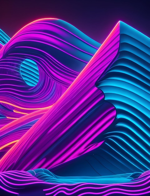 Photo digital wallpaper abstract background with purple blue pink glowing neon lines and curves