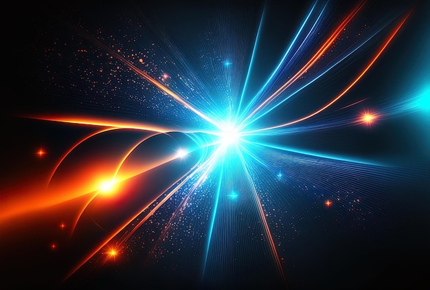 Digital wallpaper with a cosmic background and bright orange and blue laser lights