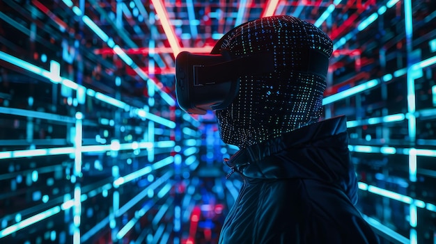 Digital Wanderer Cyber Cloak Lost in Pixels Roaming door een doolhof van virtuele gegevensstromen Virtuele realiteit Achtergrondverlichting Chromatische aberratie Over de schouder opname