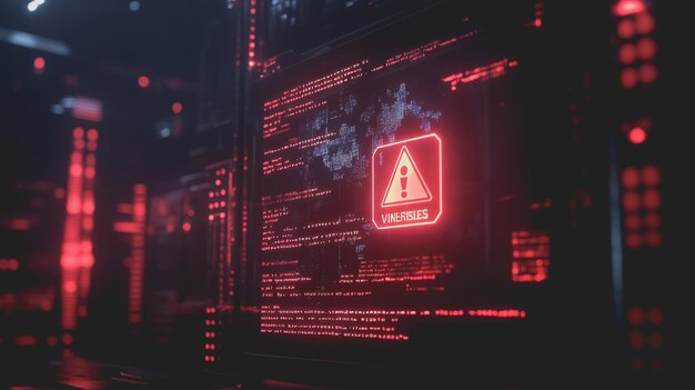 डिजिटल चेतावनी अलर्ट कंप्यूटर स्क्रीन पर लाल हाइलाइट और पृष्ठभूमि में कोड लाइनों के साथ प्रदर्शित किया गया है जो प्रौद्योगिकी पर्यावरण में भेद्यता और सुरक्षा जोखिमों को दर्शाता है
