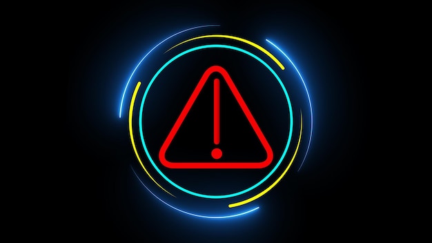 digital warning sign with exclamation mark neon glow on dark background
