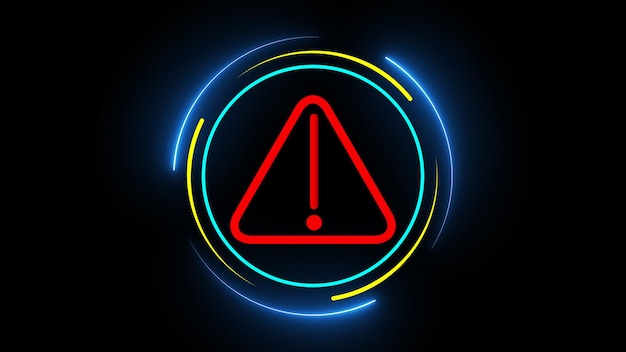 Digital warning sign with exclamation mark neon glow on dark background