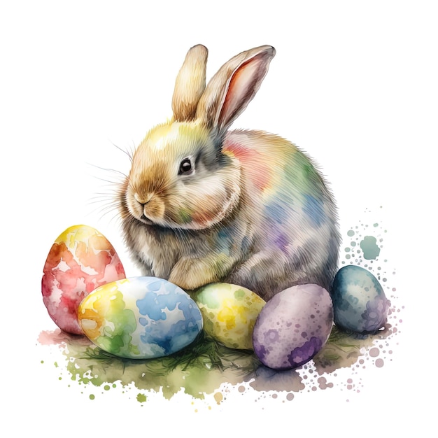 Digital Watercolor Easter bunny with Easter eggs