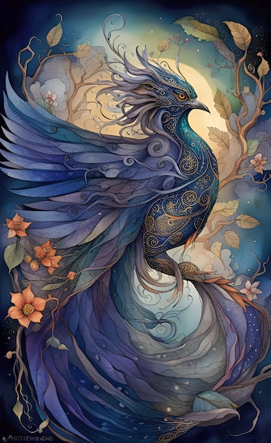 Digital watercolor illustration of a beautiful magical fantasy bird with bright wings and a wavy tai