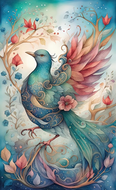 Digital watercolor illustration of a beautiful magical fantasy bird with bright wings