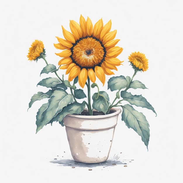 digital watercolor illustration of beautiful sunflowers in pot on white background