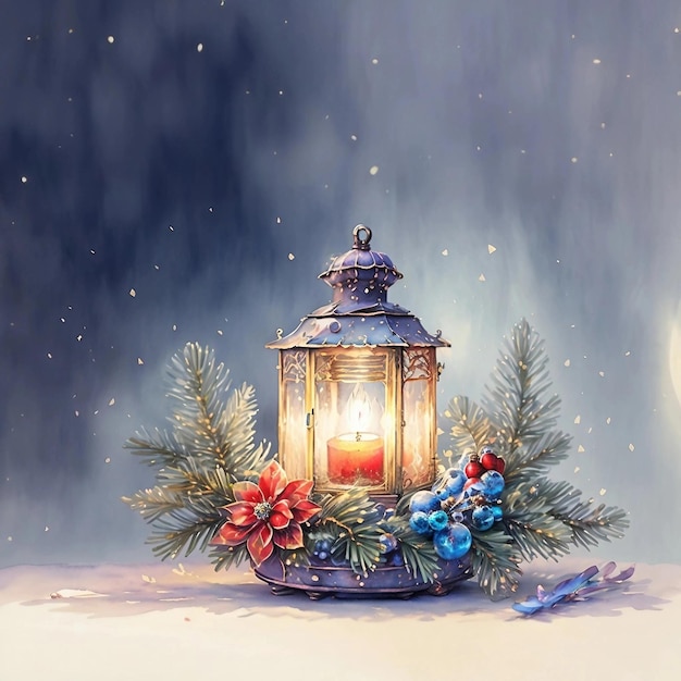 Digital watercolor lantern with candles Christmas tree decorations on dark background Generative ai