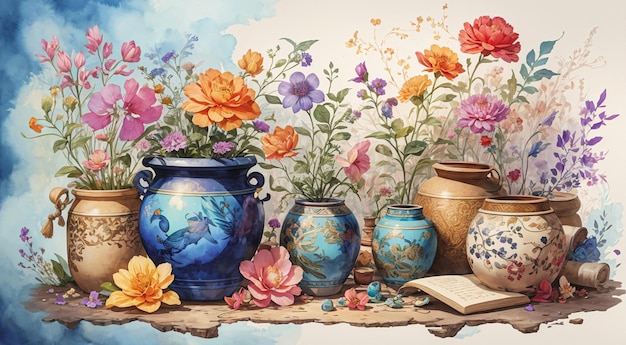 Photo digital watercolor large and small jugs with flowers on an abstract background generative ai