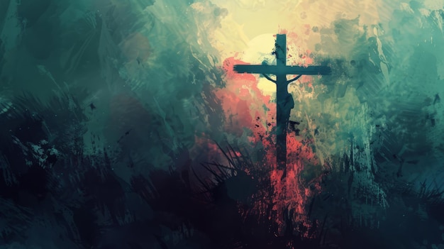 예수 그리스도 의 십자가 에 못 박힌 모습 을 그린 디지털 수채화