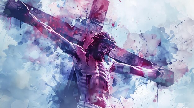 예수 그리스도 의 십자가 에 못 박힌 모습 을 그린 디지털 수채화