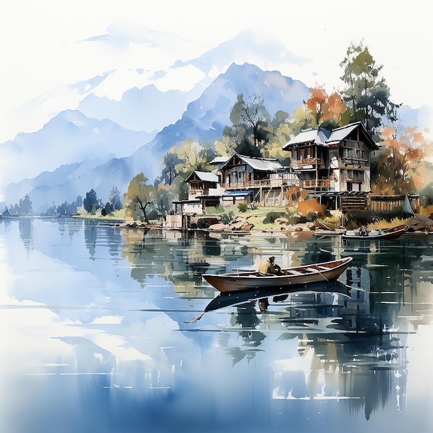 Digital watercolor painting of Panorama landscape rowing boats on lake with jetty against mountain b